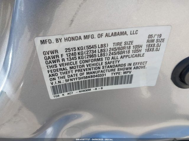 5FNYF5H58KB040331 Honda Pilot Ex-l