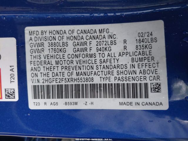 2HGFE2F5XRH553808 Honda Civic Sport