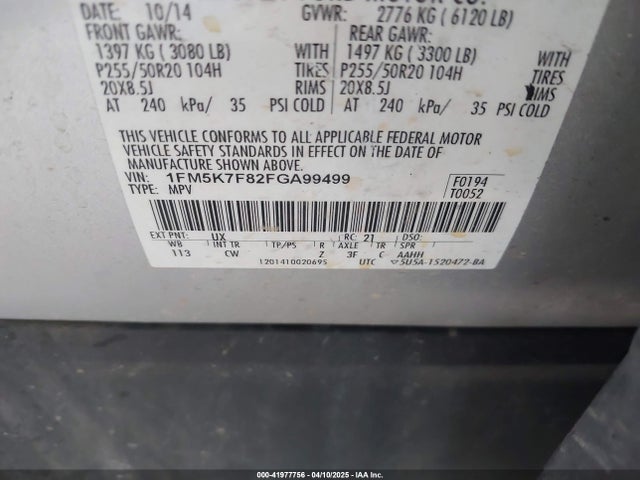 1FM5K7F82FGA99499 Ford Explorer Limited