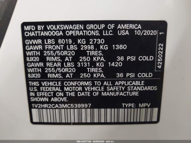 1V2HR2CA3MC539997 Volkswagen Atlas 3.6l V6 Se W/technology