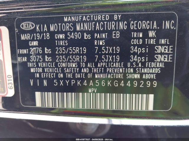 5XYPK4A56KG449299 KIA Sorento 3.3l Sxl