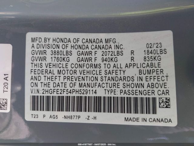 2HGFE2F54PH529114 Honda Civic Sport