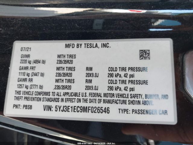 2021 TESLA MODEL 3 5YJ3E1EC9MF026546 Photo 8