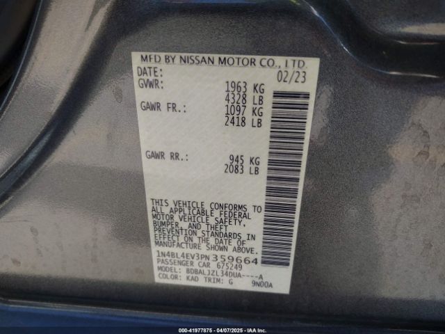 1N4BL4EV3PN359664 Nissan Altima Sl Fwd