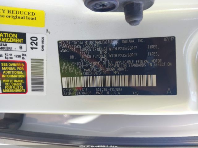 5TDYZ3DC0HS873190 Toyota Sienna Xle Premium 8 Passenger
