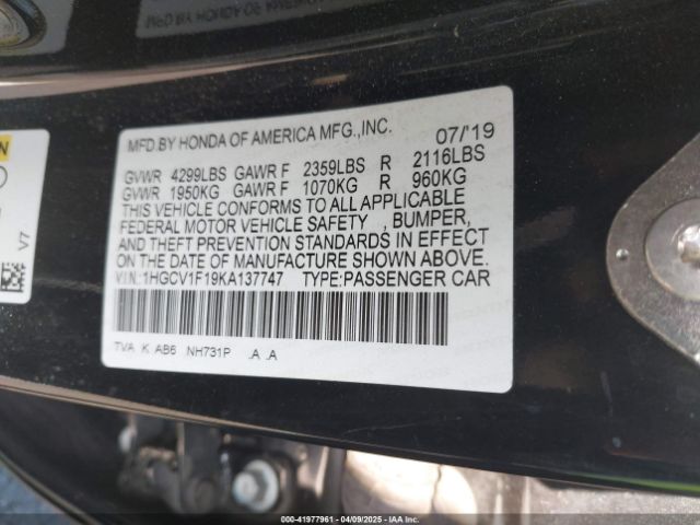 1HGCV1F19KA137747 Honda l15be