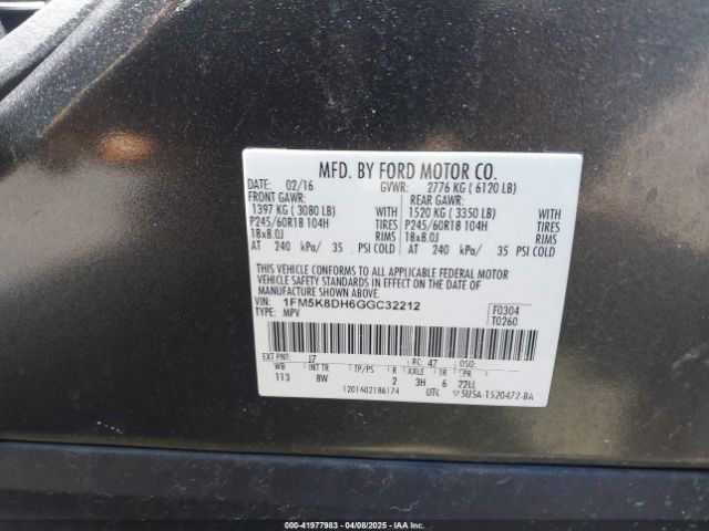 2016 FORD EXPLORER 1FM5K8DH6GGC32212 Photo 8
