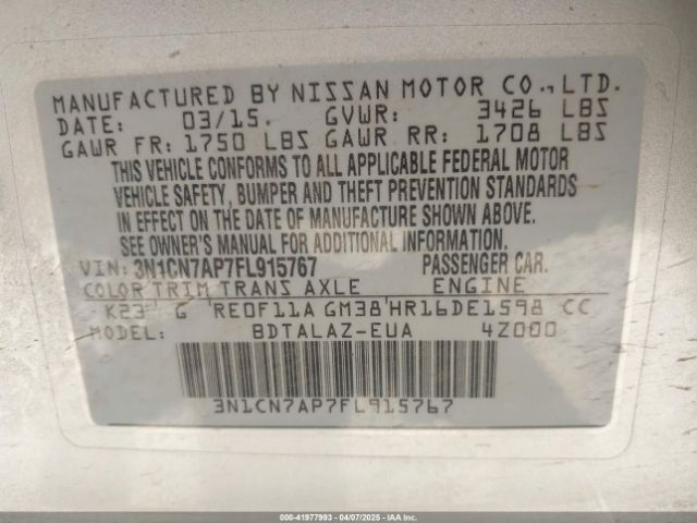 3N1CN7AP7FL915767 Nissan Versa 1.6 S+