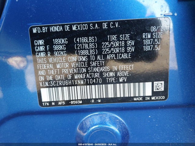 3CZRU6H1XNM710470 Honda Hr-v Awd Sport