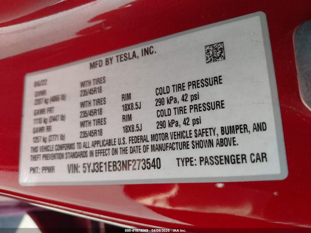 2022 TESLA MODEL 3 5YJ3E1EB3NF273540 Photo 8