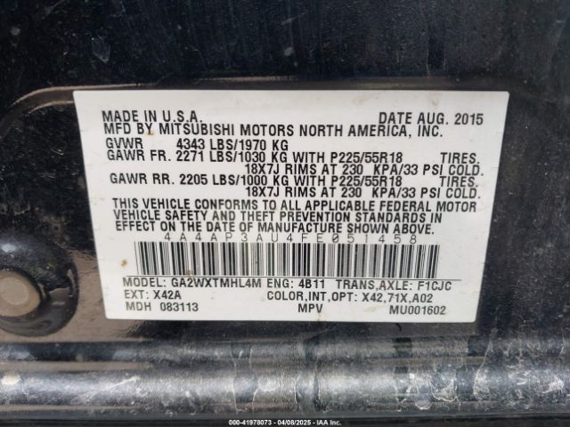 4A4AP3AU4FE051458 Mitsubishi Outlander Sport Es