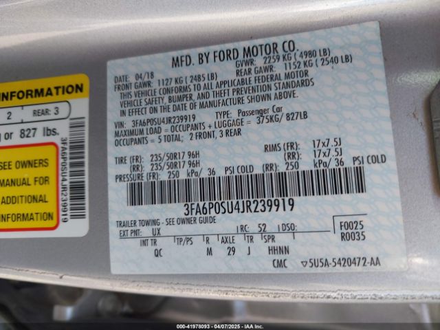 3FA6P0SU4JR239919 Ford Fusion Energi Platinum