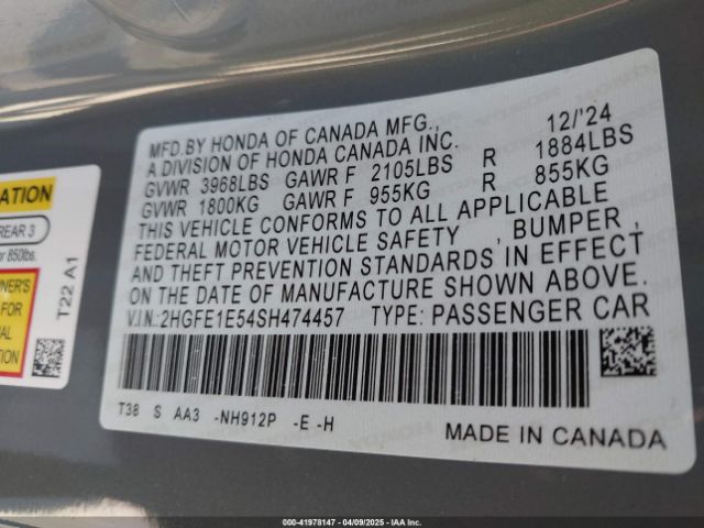 2HGFE1E54SH474457 Honda Civic Si Base W/high Performance Summer Tires/