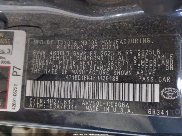 4T1BD1FK4EU126188 Toyota Camry Hybrid Xle