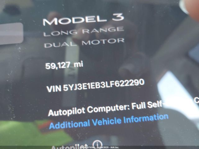 5YJ3E1EB3LF622290 Tesla Model 3 Long Range Dual Motor All-wheel Drive