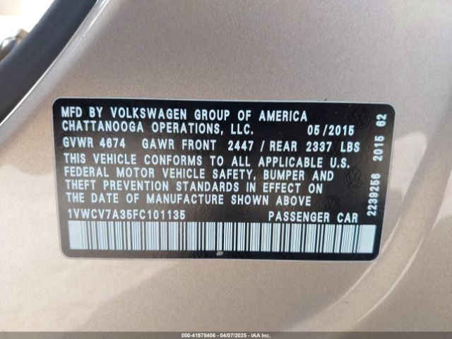 1VWCV7A35FC101135 Volkswagen Passat 2.0l Tdi Sel Premium