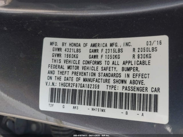 1HGCR2F87GA182359 Honda k24w1