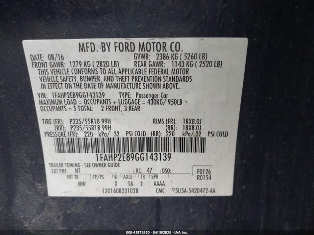 Ford TAURUS SEL 2016 1FAHP2E89GG143139 Image 9