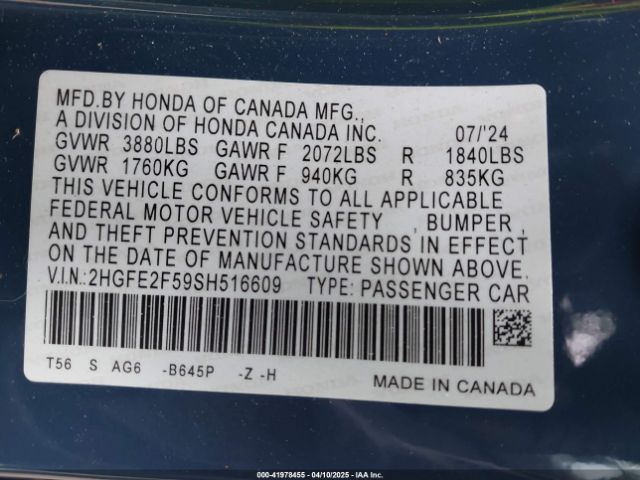 2HGFE2F59SH516609 Honda Civic Sport