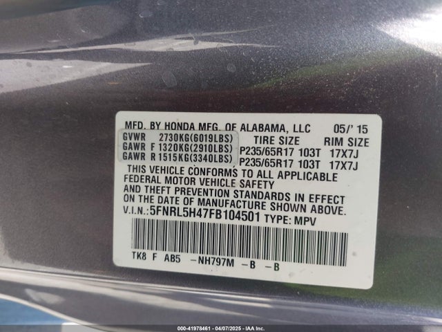 5FNRL5H47FB104501 Honda ODYSSEY EX