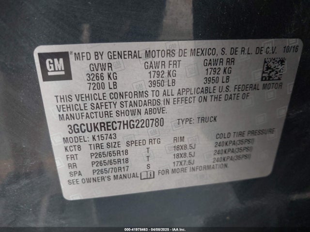 3GCUKREC7HG220780 Chevrolet Silverado 1500 2lt