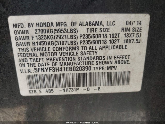 5FNYF3H41EB020390 Honda Pilot Ex