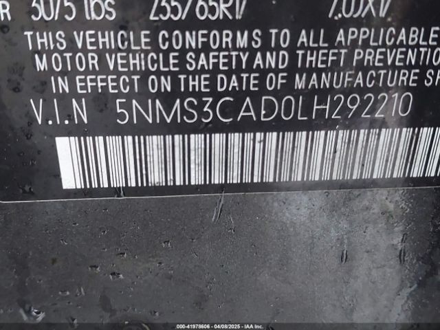 5NMS3CAD0LH292210 Hyundai Santa Fe Sel