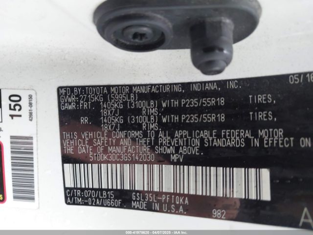 5TDDK3DC3GS142030 Toyota Sienna Limited Premium 7 Passenger