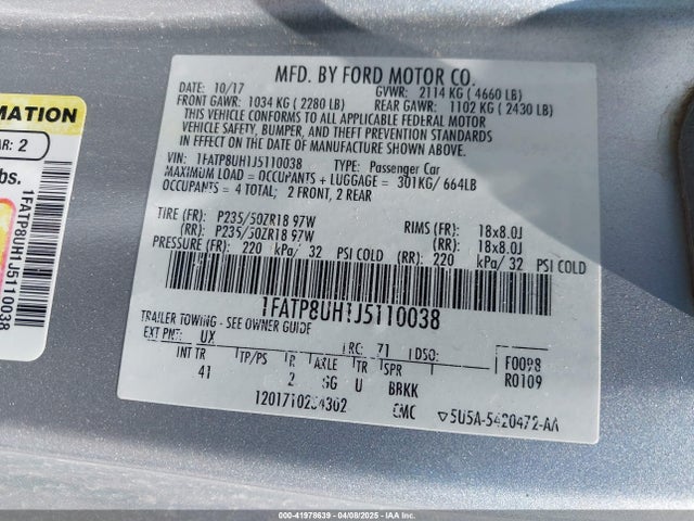 1FATP8UH1J5110038 Ford Mustang Ecoboost Premium