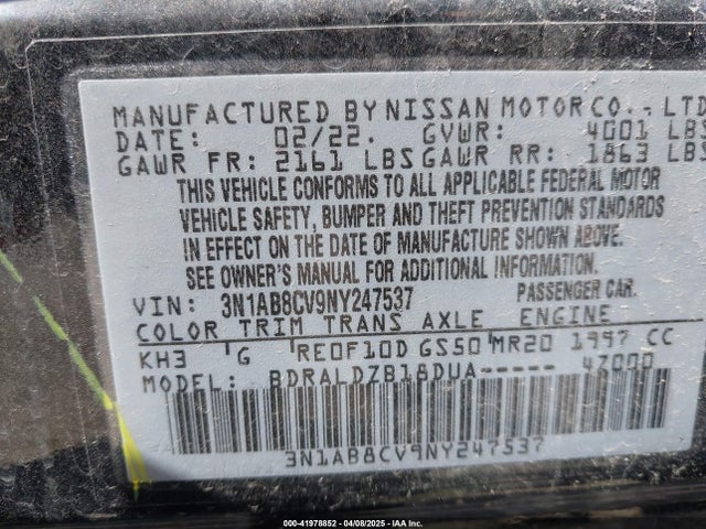 3N1AB8CV9NY247537 Nissan Sentra Sv Xtronic Cvt