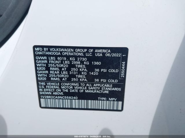 1V2BR2CA9NC558240 Volkswagen Atlas 3.6l V6 Sel