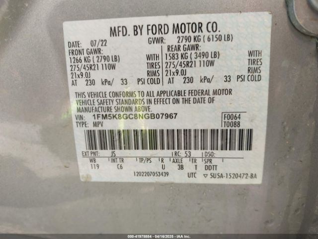 1FM5K8GC8NGB07967 Ford Explorer St