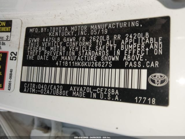 4T1B11HK6KU266275 Toyota CAMRY SE