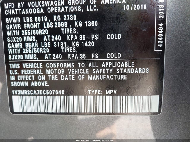 1V2MR2CA7KC507646 Volkswagen Atlas 3.6l V6 Sel