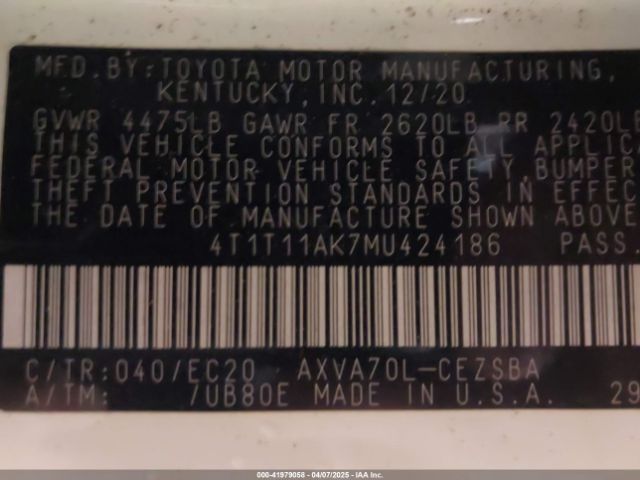 4T1T11AK7MU424186 Toyota Camry Se Nightshade Edition