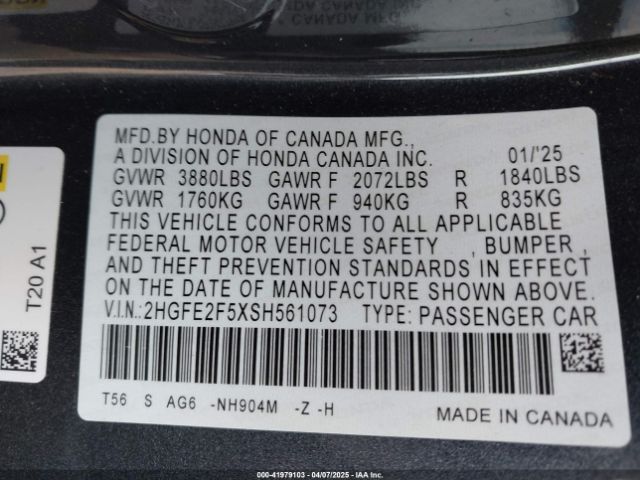 2HGFE2F5XSH561073 Honda Civic Sport