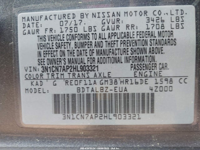 3N1CN7AP2HL903321 Nissan Versa 1.6 Sv