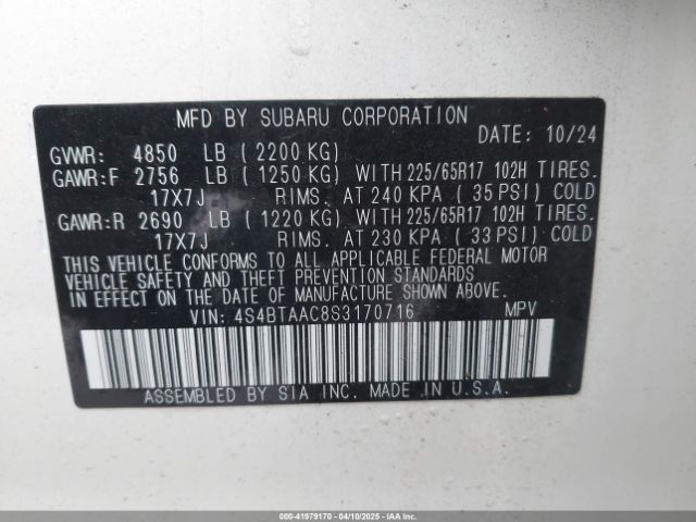 2025 SUBARU OUTBACK 4S4BTAAC8S3170716 Photo 8