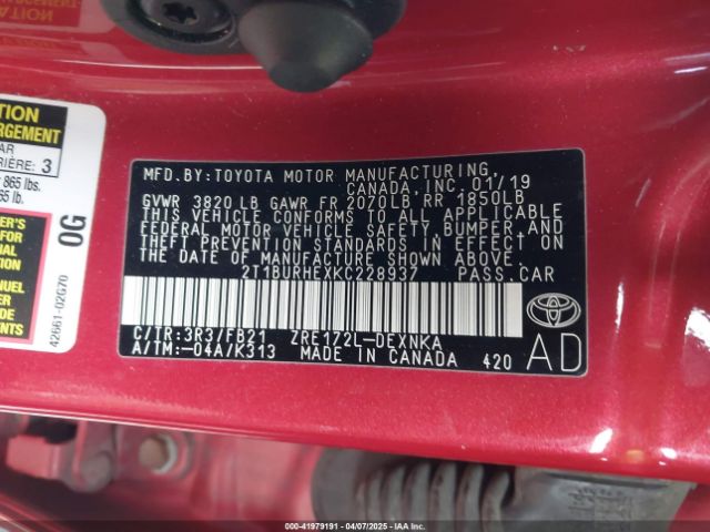 2T1BURHEXKC228937 Toyota COROLLA LE