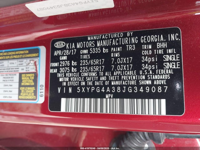 5XYPG4A38JG349087 KIA Sorento 2.4l Lx