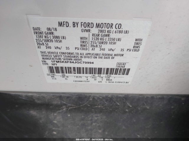 1FM5K8F84JGC70994 Ford Explorer Limited