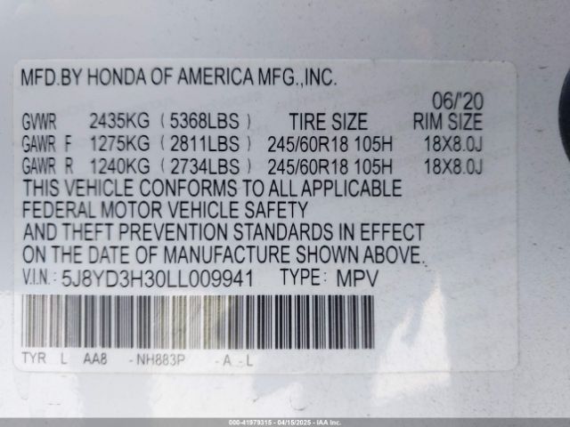 5J8YD3H30LL009941 Acura Mdx Standard