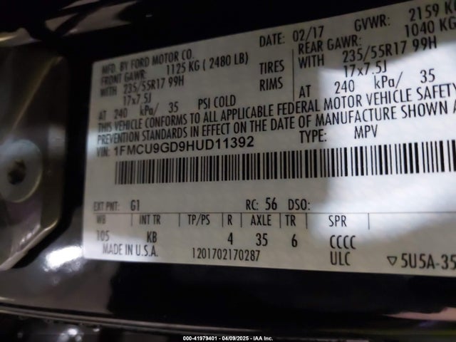 Ford ESCAPE SE 2017 1FMCU9GD9HUD11392 Image 9