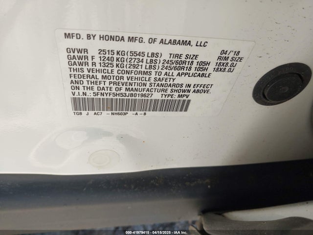5FNYF5H53JB019627 Honda Pilot Ex-l