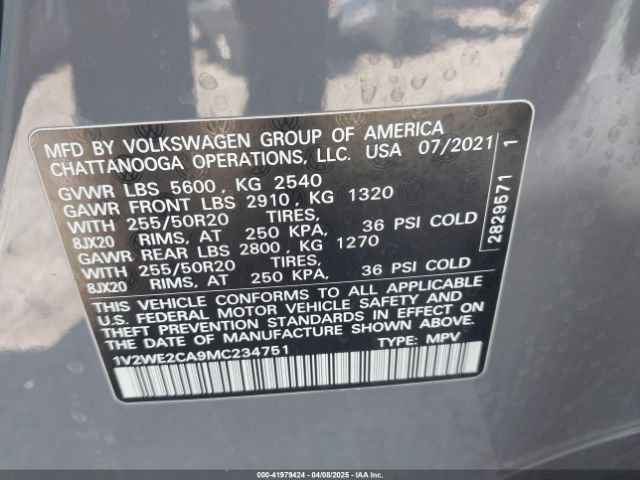 1V2WE2CA9MC234751 Volkswagen Atlas Cross Sport 3.6l V6 Se W/technology