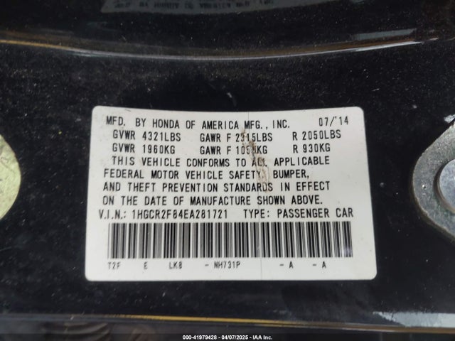 2014 Honda Accord Ex-l მანქანა იყიდება აუქციონზე, vin: 1HGCR2F84EA281721, აუქციონის ნომერი: 41979428