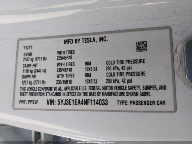 5YJ3E1EA4NF114033 Tesla Model 3 Rear-wheel Drive