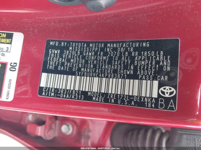 5YFBURHE4KP883871 Toyota COROLLA LE