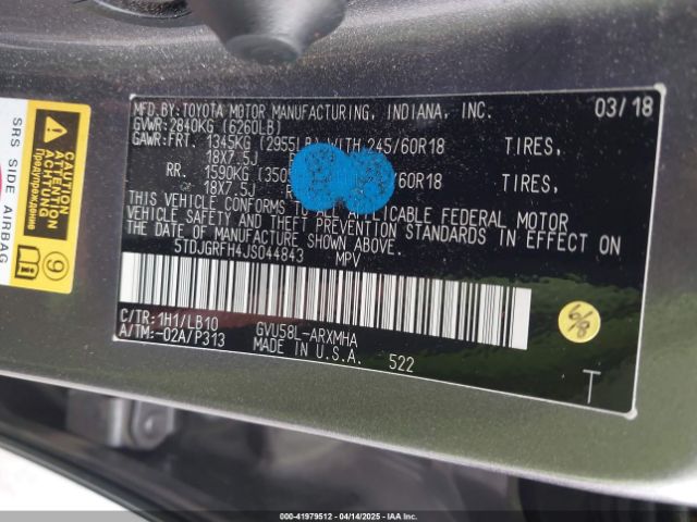5TDJGRFH4JS044843 Toyota Highlander Hybrid Xle