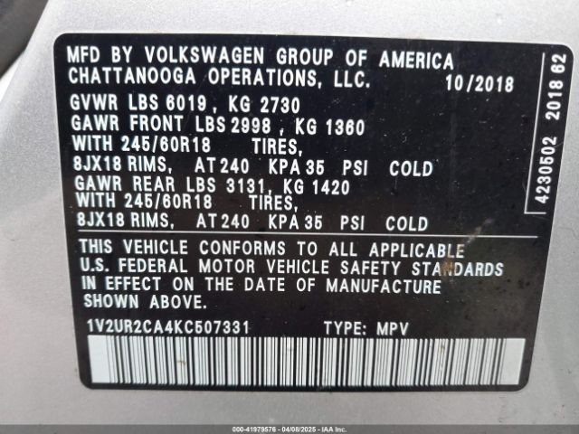 1V2UR2CA4KC507331 Volkswagen Atlas 3.6l V6 Se W/technology
